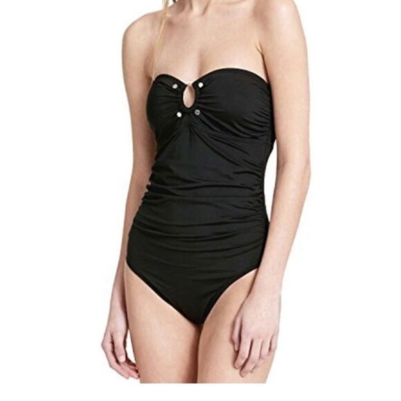 Calvin Klein Women's Standard Solid Bandeau One Piece Swimsuit Removable Strap 8 - Picture 1 of 4